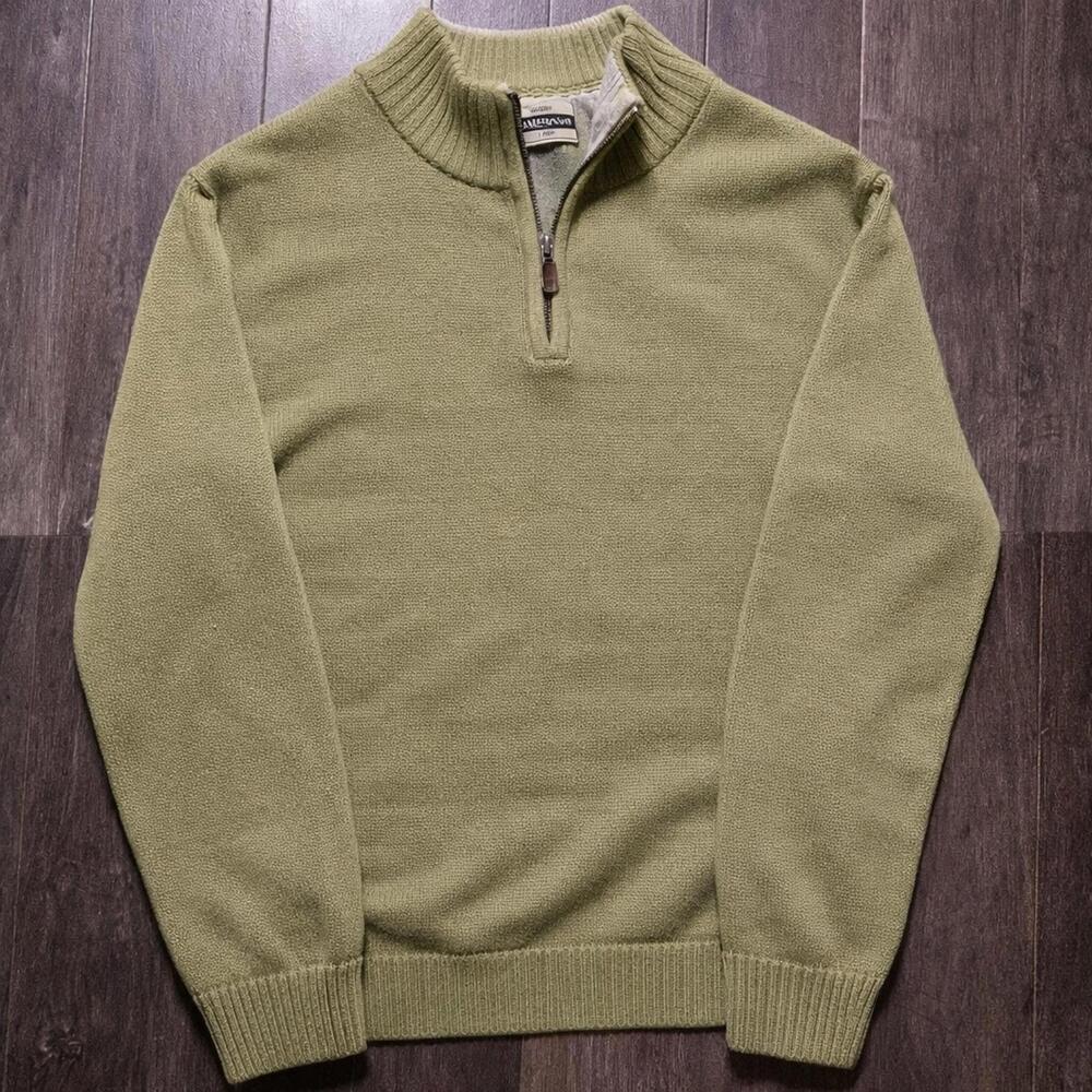 L.L. Bean‎ Men’s XL 1/4 Zip Sweater Olive Green Cotton Pullover Mock Neck